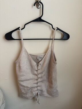 American Eagle Ribbed Lace-Up Knit Cami Tank Top - Cream